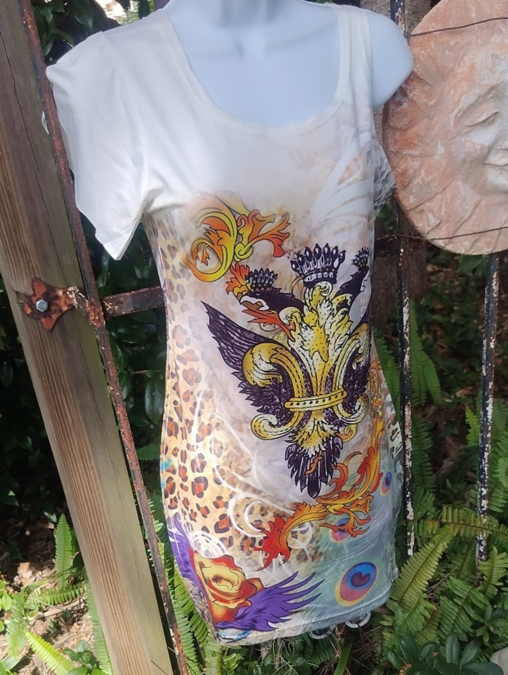 Radzoli 2006 Short-Sleeve Scoop Neck Graphic Dress with Multicolor Baroque Motif